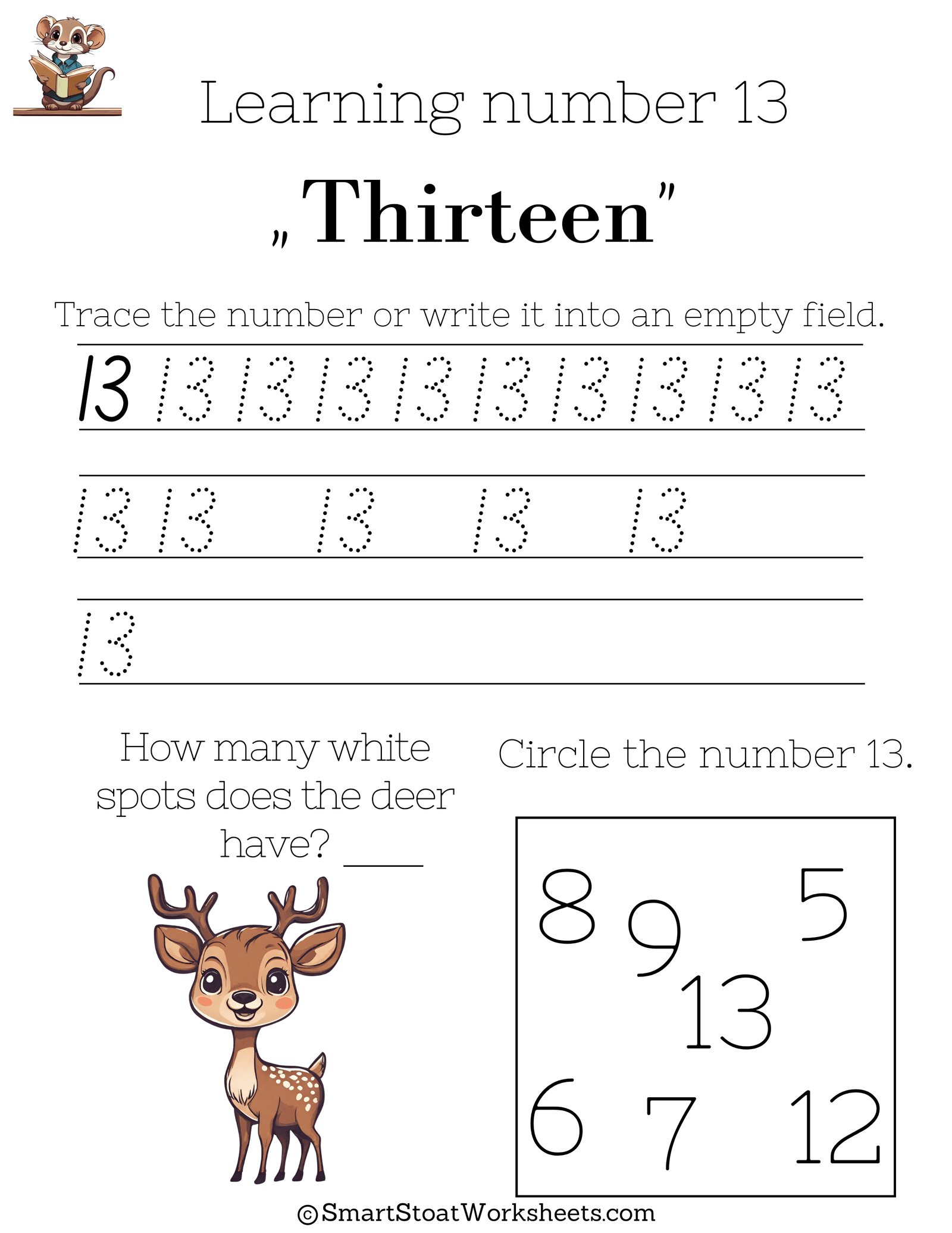 Click to download our free "Number 13" worksheet for kindergarten and preschool kids.
