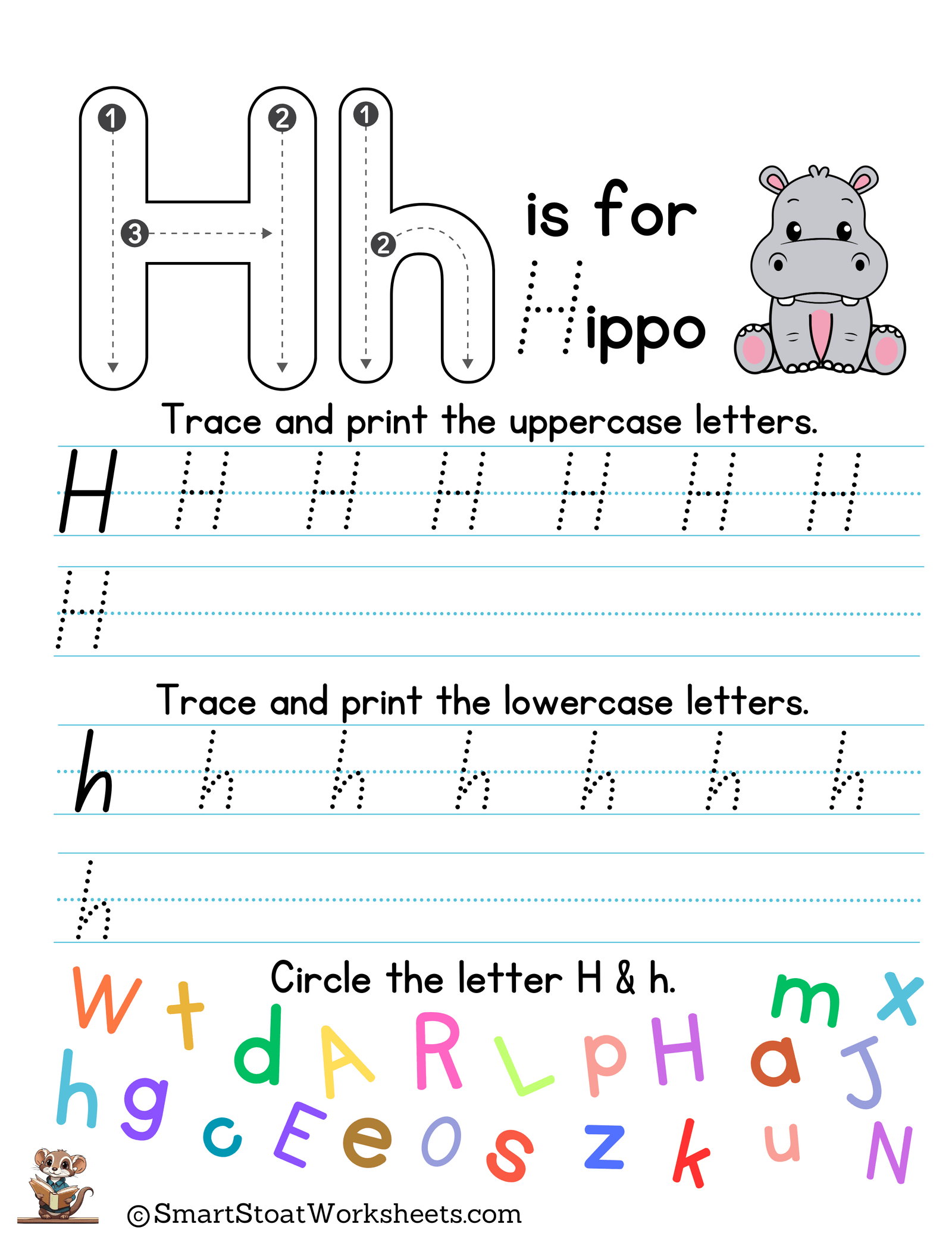 letter h writing and printing practice sheets