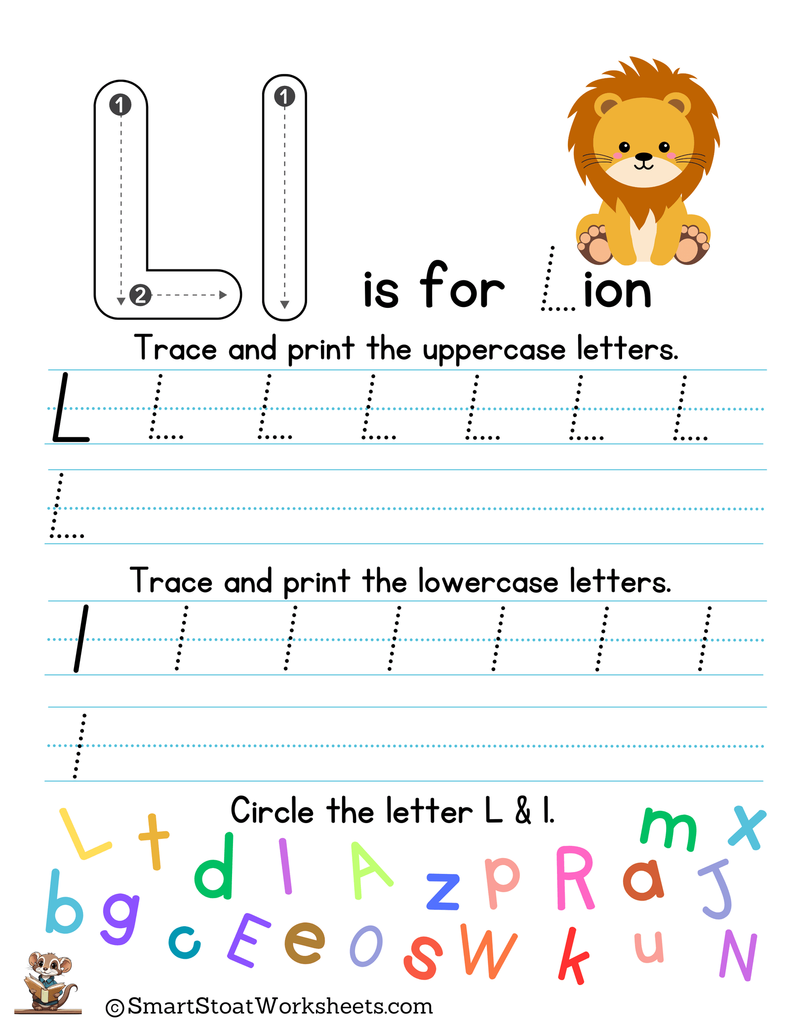 letter l writing and printing practice sheets