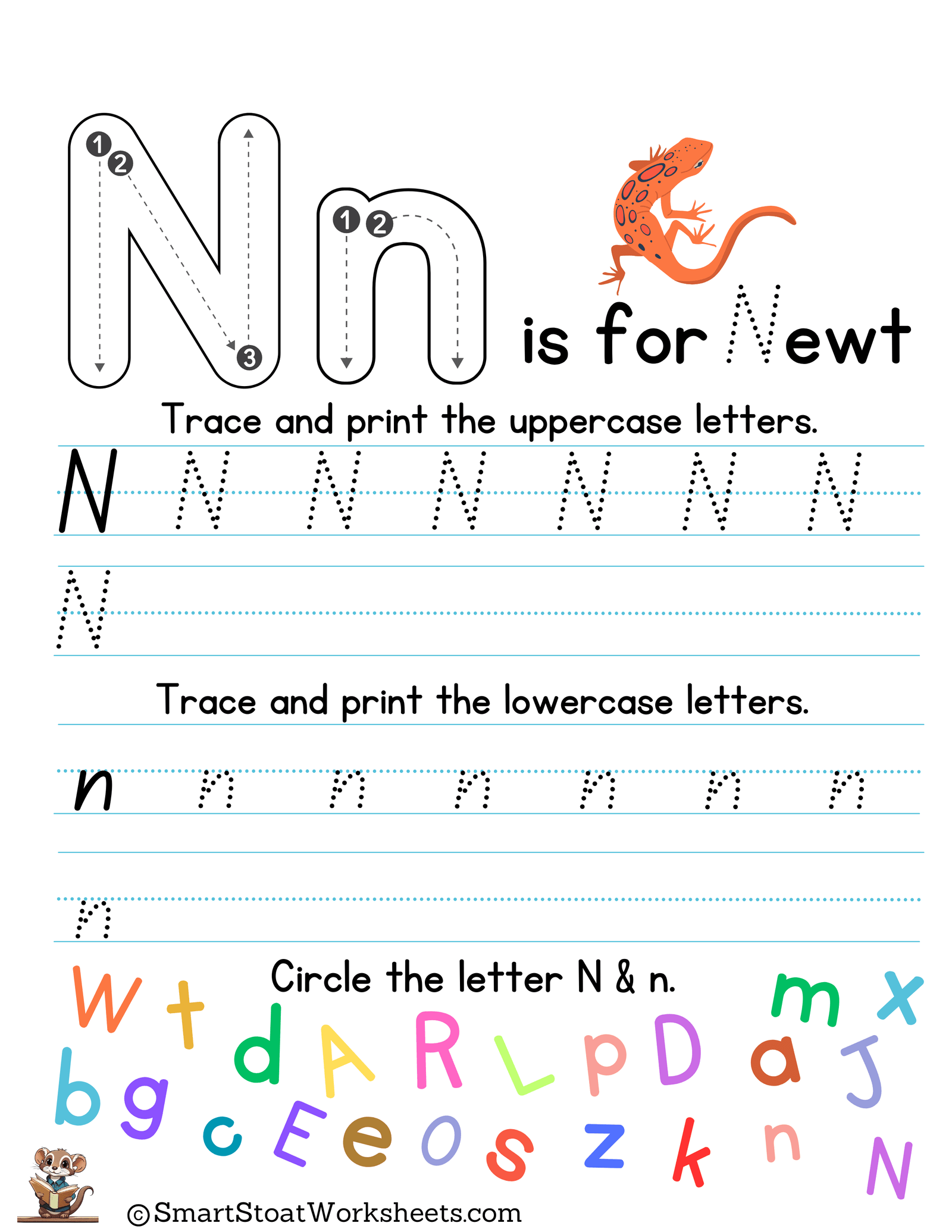 letter n writing and printing practice sheets