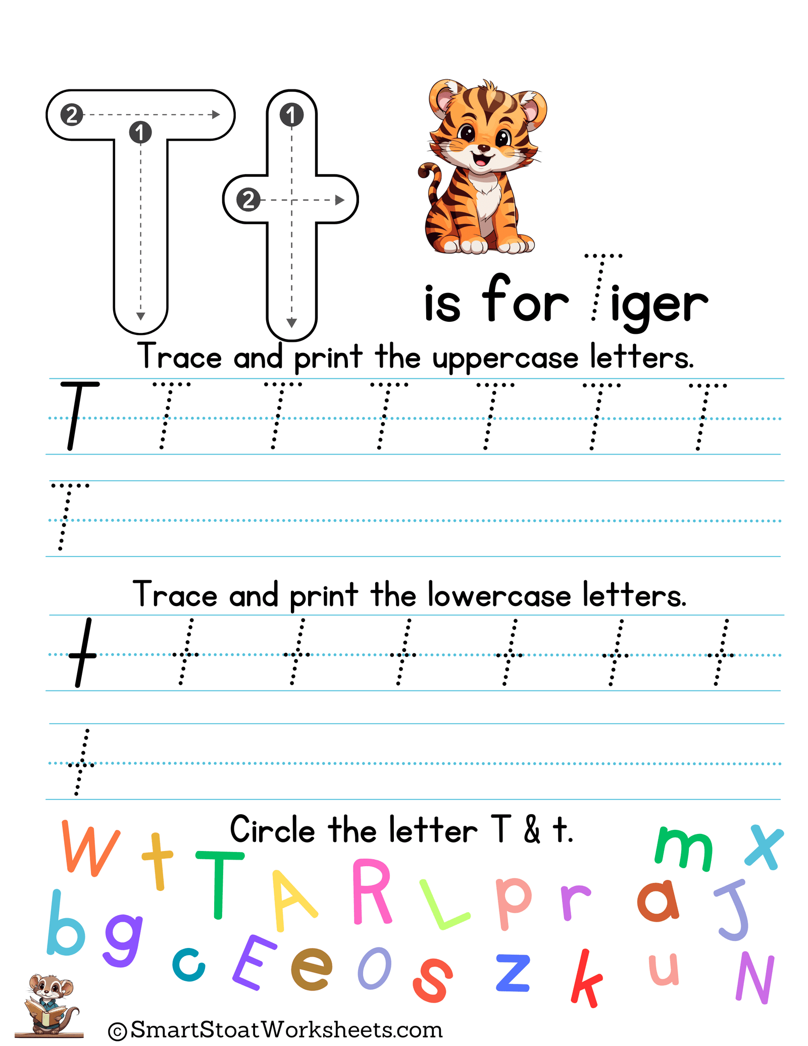 letter t writing and printing practice sheets