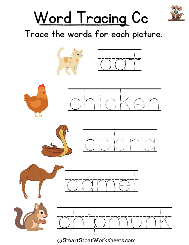 Tracing Words Worksheet for Kindergarten preschool, and nursery. Words with C.