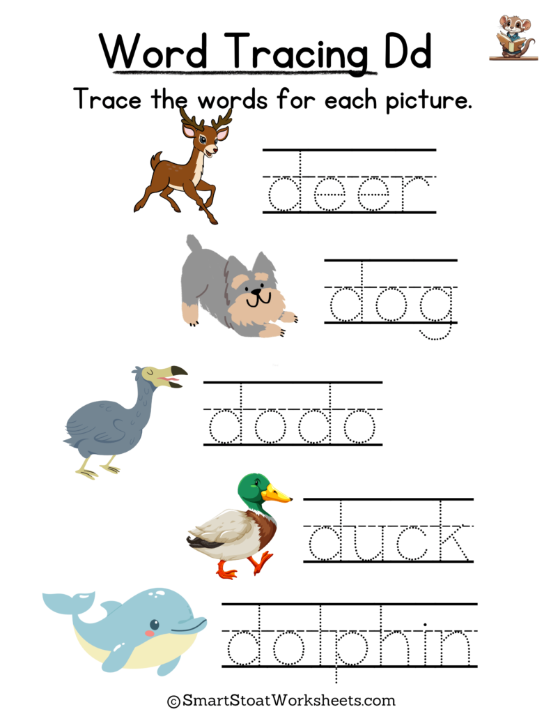 Tracing Words Worksheet for Kindergarten preschool, and nursery. Words with D.