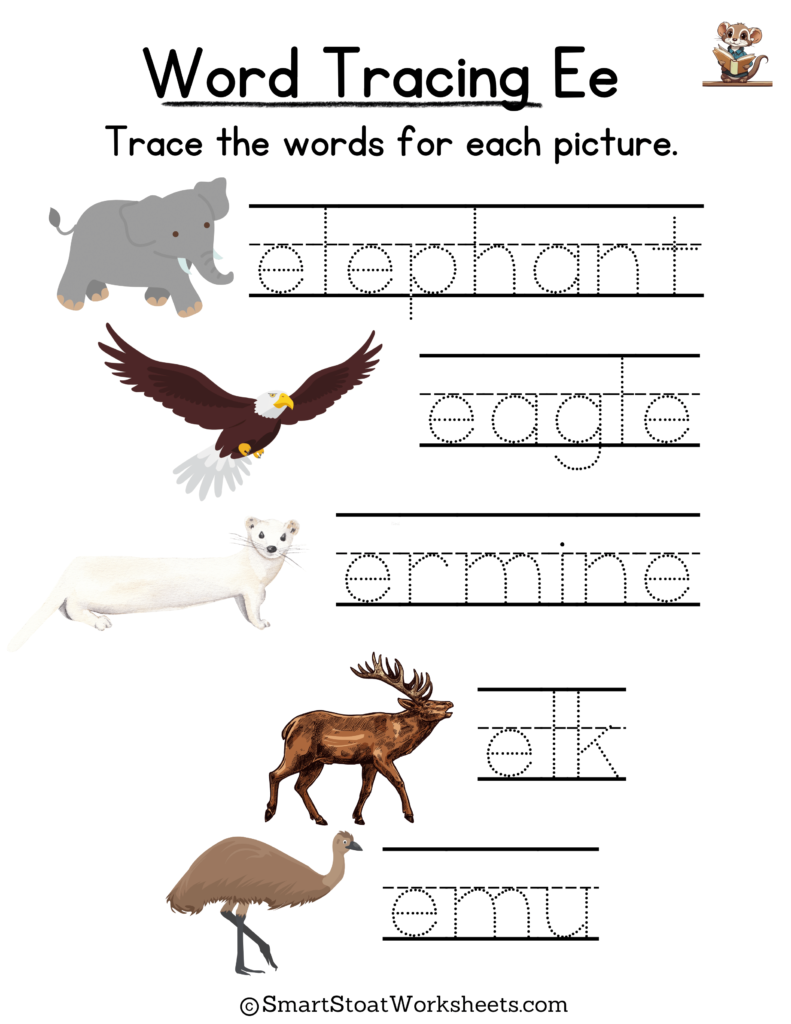 Tracing Words Worksheet for Kindergarten preschool, and nursery. Words with E.