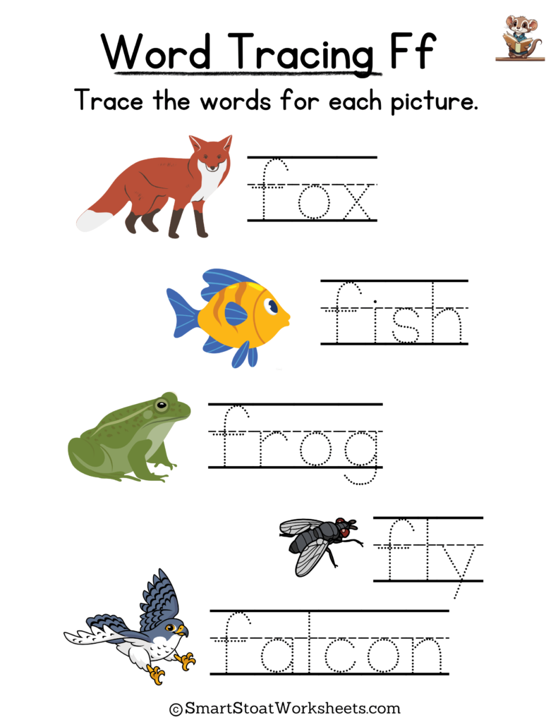 Tracing Words Worksheet for Kindergarten preschool, and nursery. Words with F.