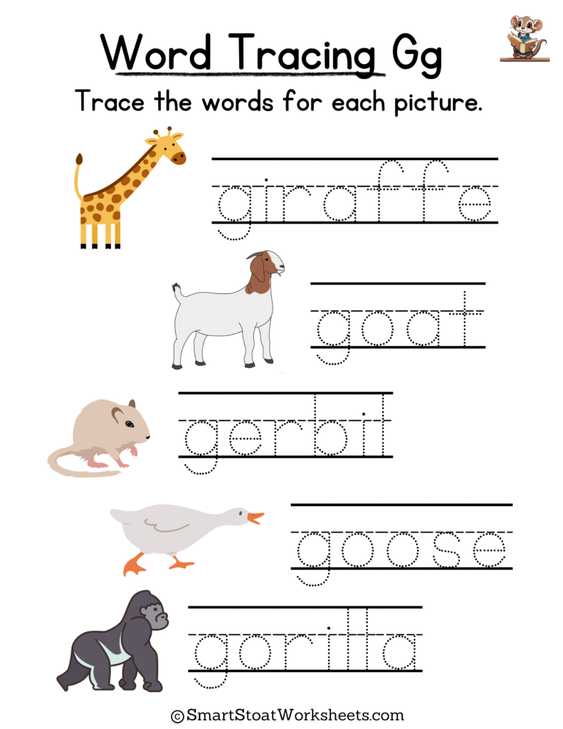 Tracing Words Worksheet for Kindergarten preschool, and nursery. Words with G.