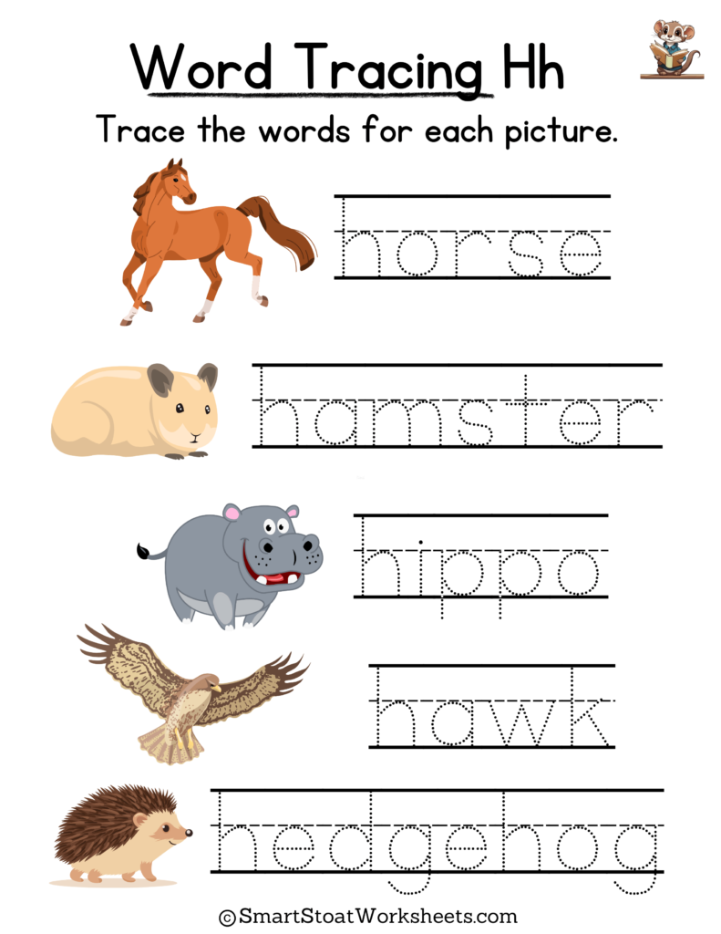 Tracing Words Worksheet for Kindergarten preschool, and nursery. Words with H.