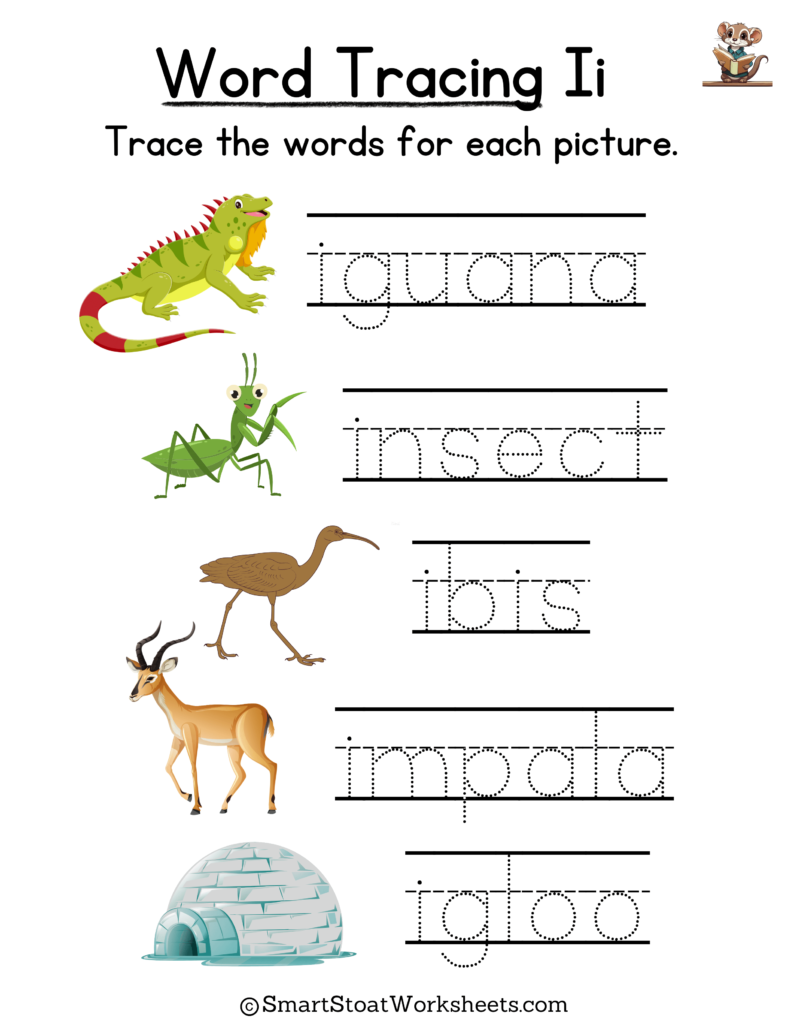 Tracing Words Worksheet for Kindergarten preschool, and nursery. Words with I.