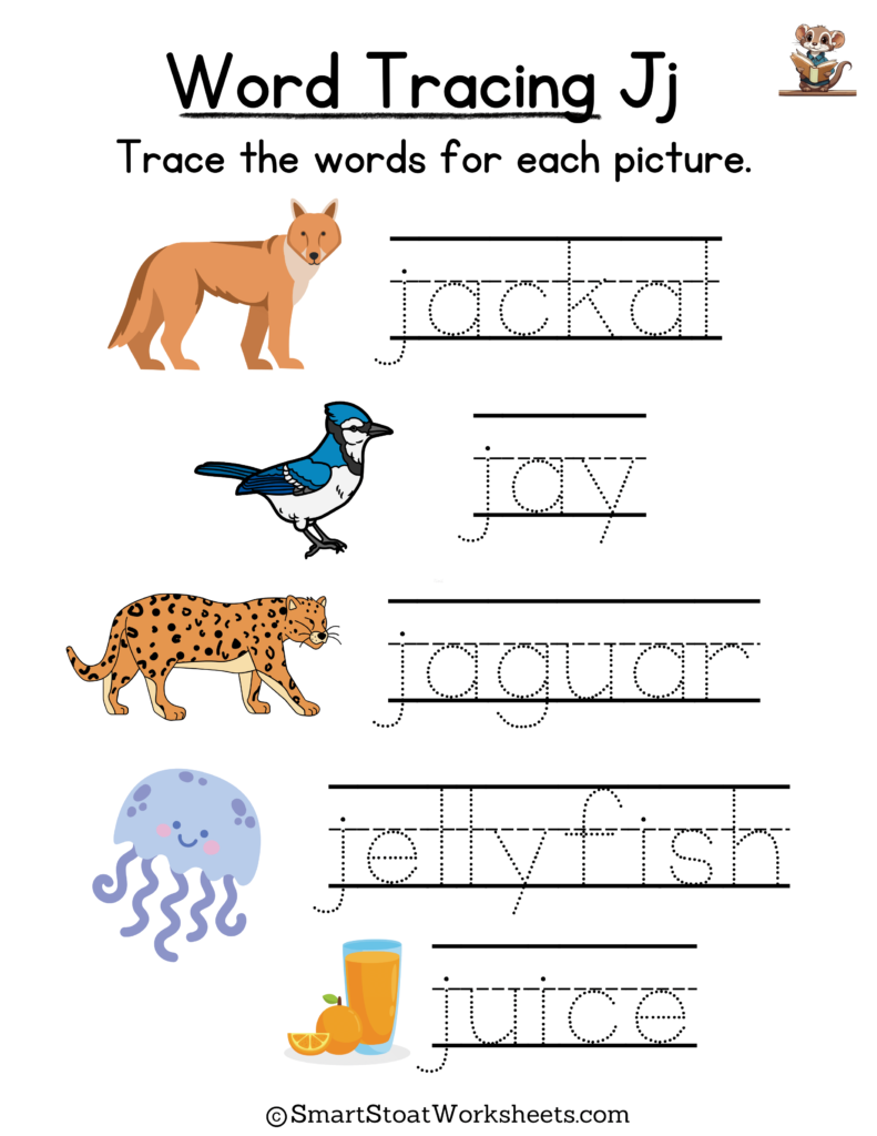 Tracing Words Worksheet for Kindergarten preschool, and nursery. Words with J