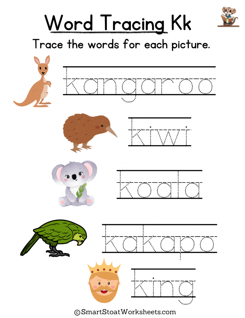 Tracing Words Worksheet for Kindergarten preschool, and nursery. Words with K