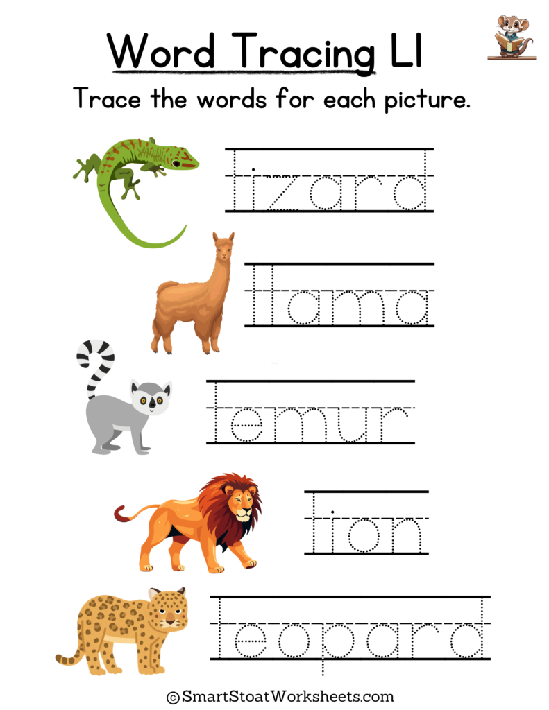 Tracing Words Worksheet for Kindergarten preschool, and nursery. Words with L