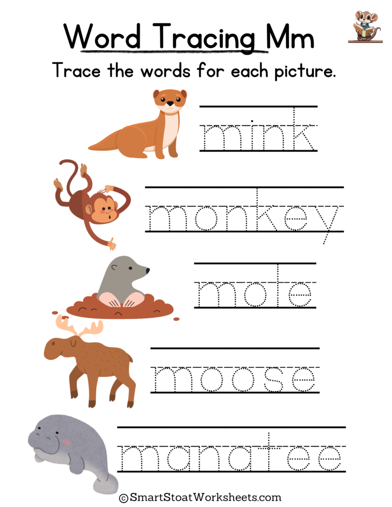 Tracing Words Worksheet for Kindergarten preschool, and nursery. Words with M