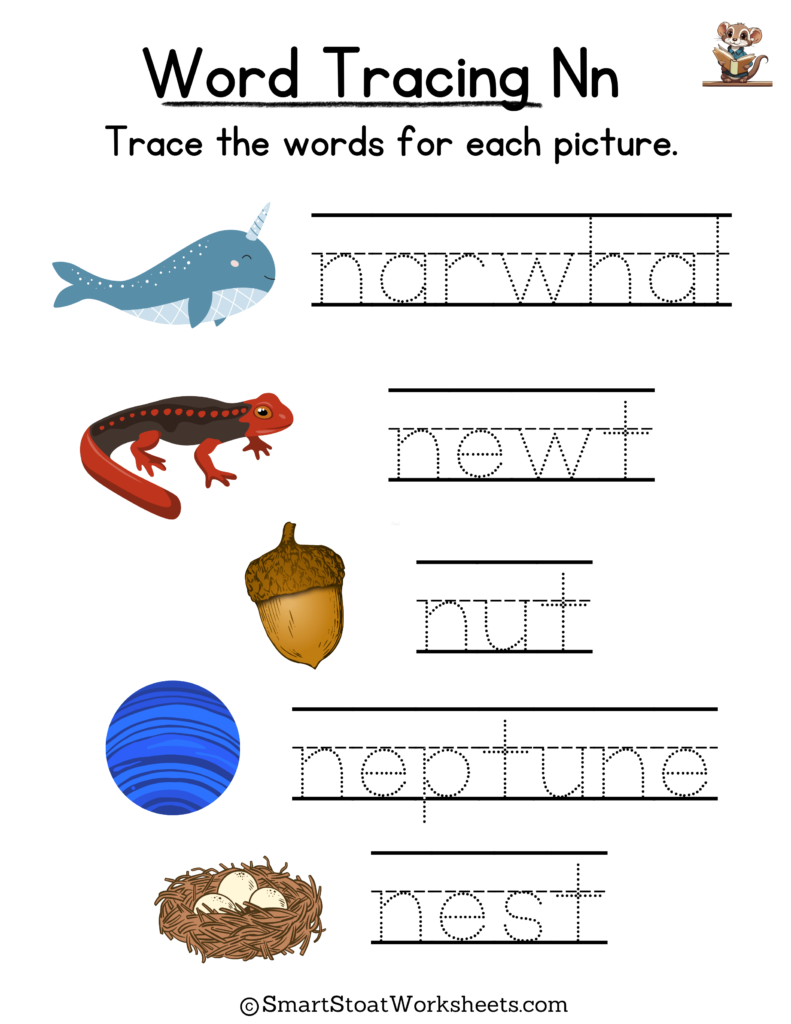 Tracing Words Worksheet for Kindergarten preschool, and nursery. Words with N