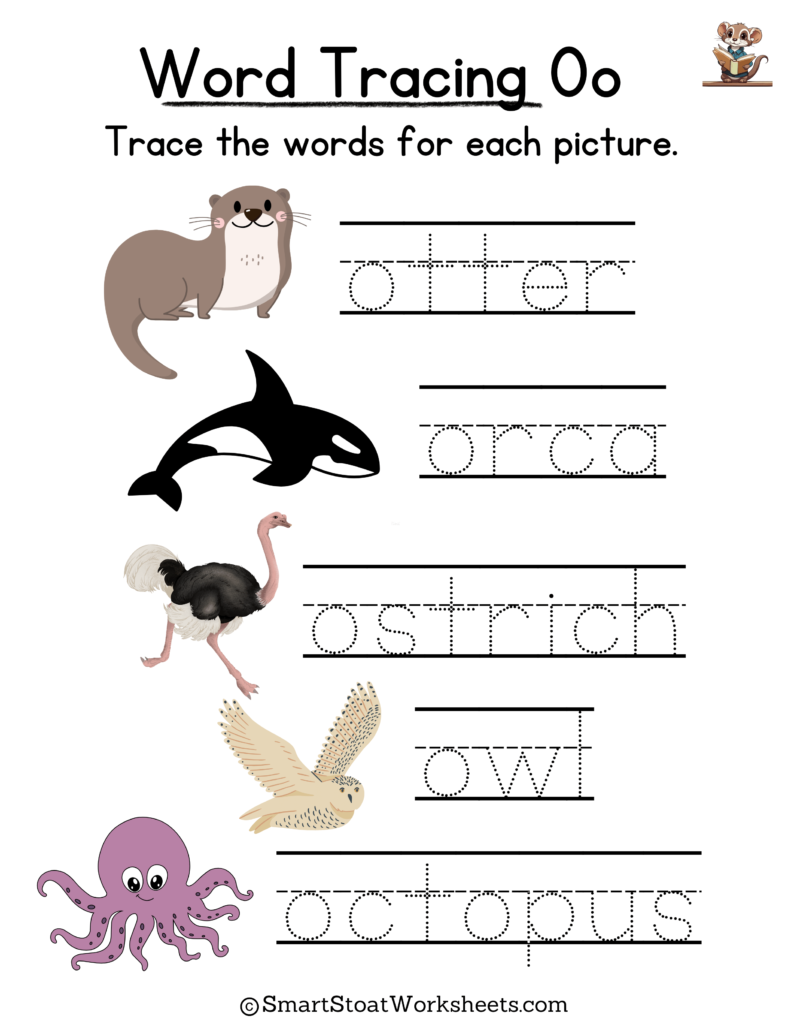 Tracing Words Worksheet for Kindergarten preschool, and nursery. Words with O