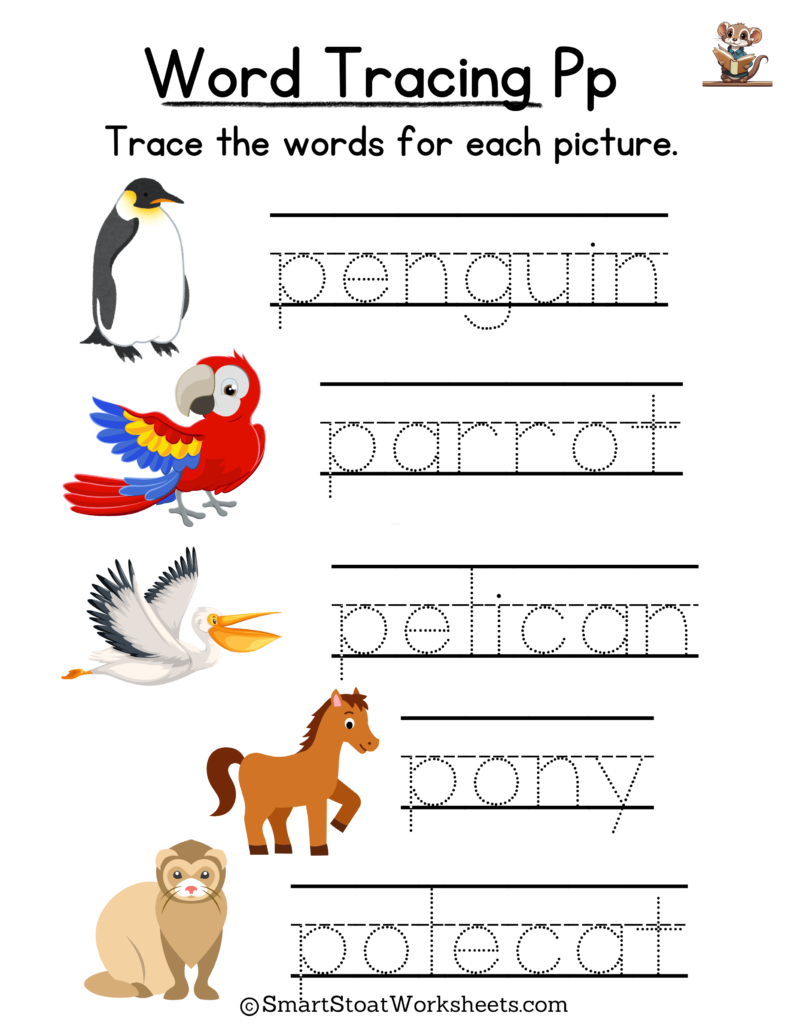 Tracing Words Worksheet for Kindergarten preschool, and nursery. Words with P