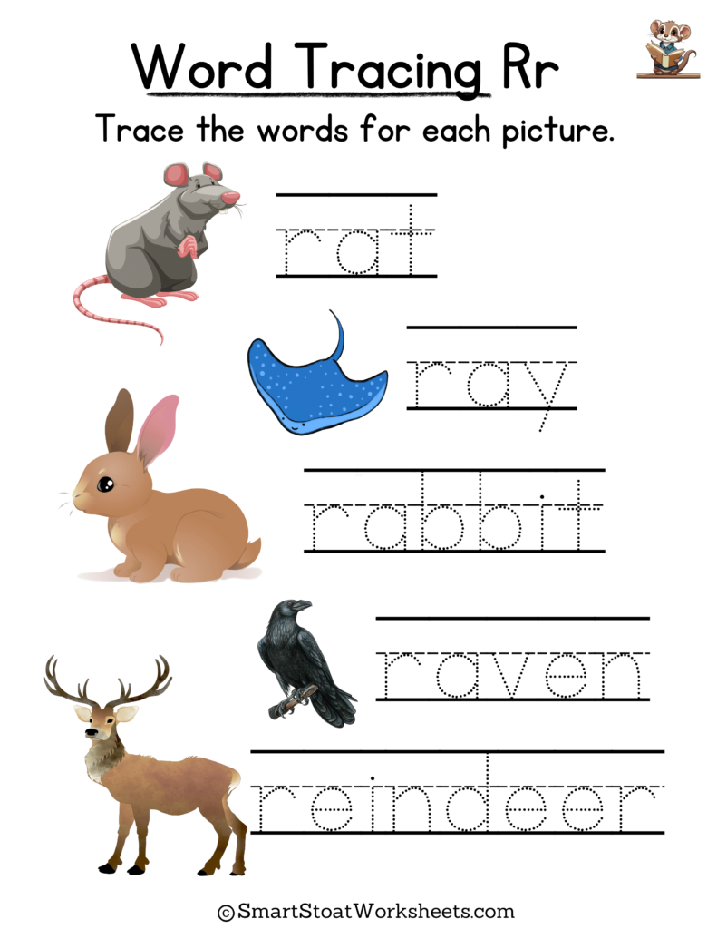 Tracing Words Worksheet for Kindergarten preschool, and nursery. Words with R