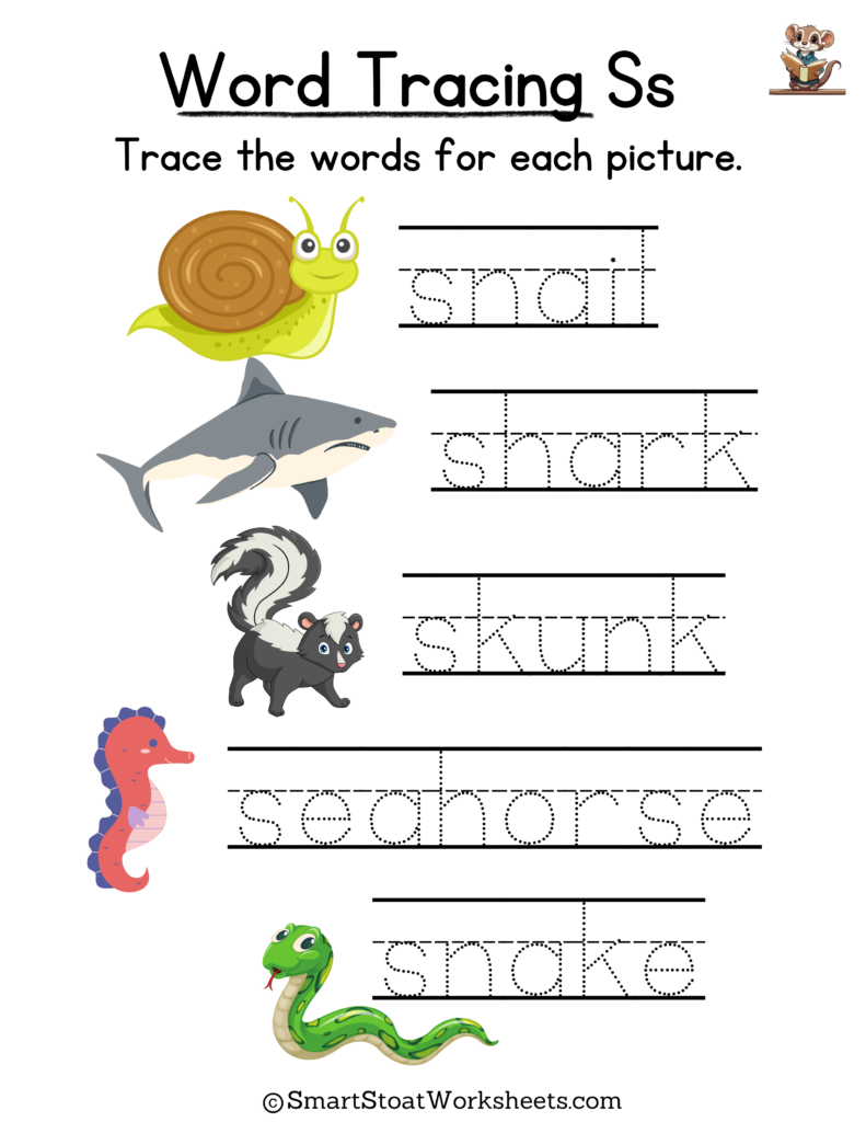 Tracing Words Worksheet for Kindergarten preschool, and nursery. Words with S