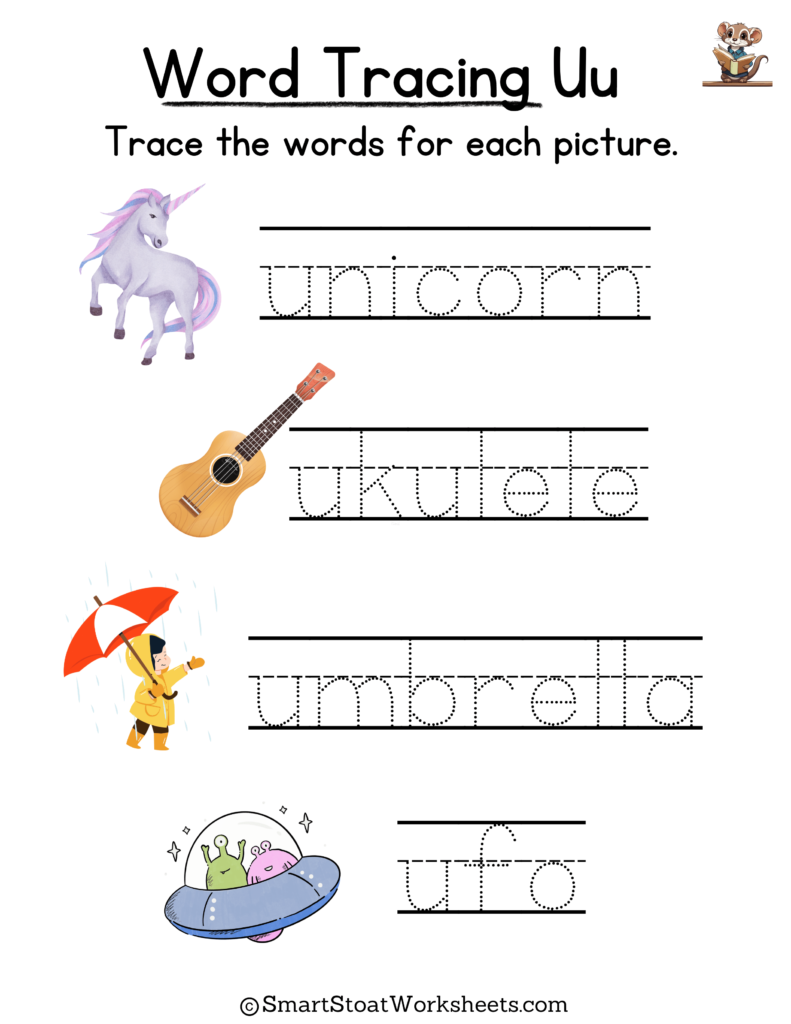 Tracing Words Worksheet for Kindergarten preschool, and nursery. Words with U