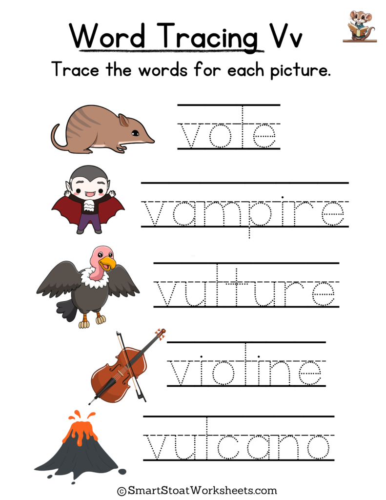 Tracing Words Worksheet for Kindergarten preschool, and nursery. Words with V