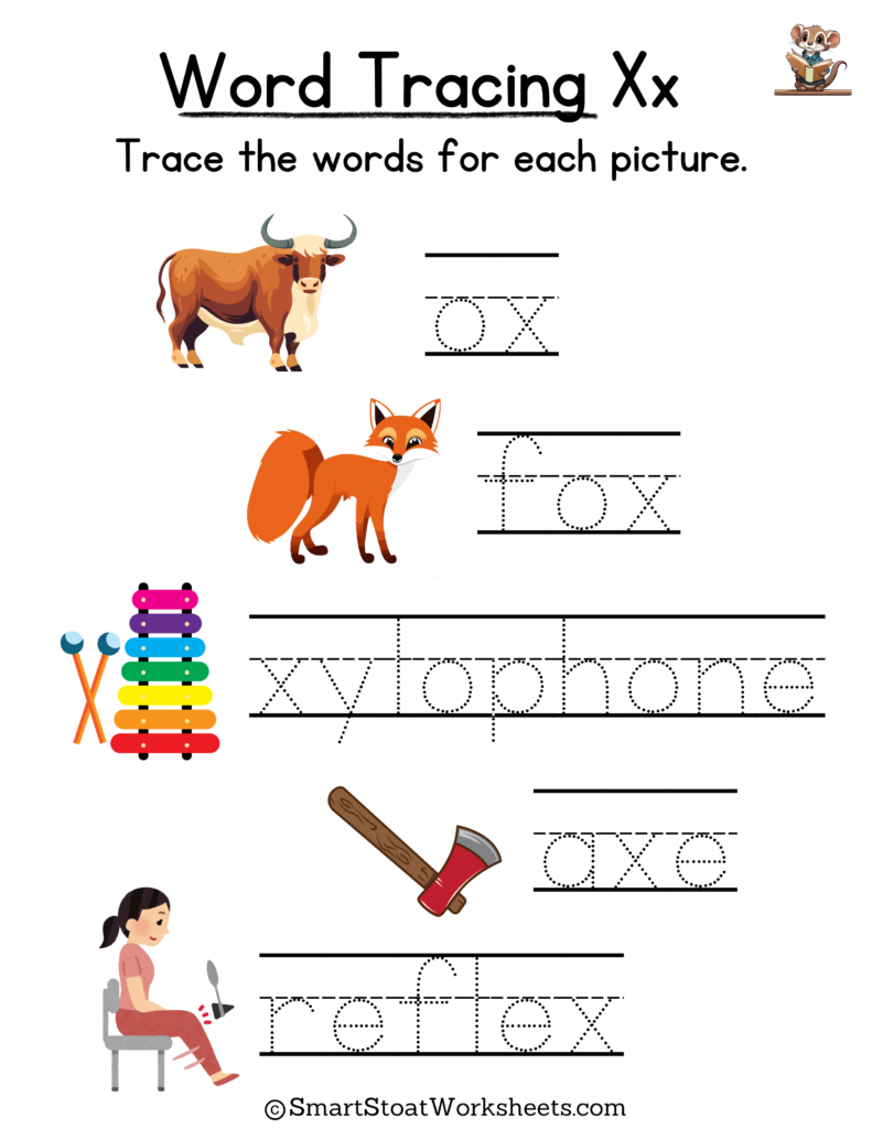 Tracing Words Worksheet for Kindergarten preschool, and nursery. Words with X