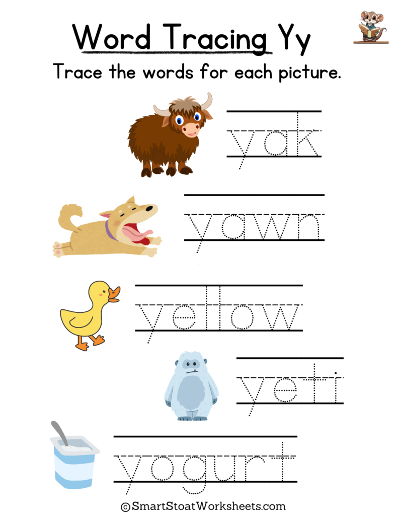 Tracing Words Worksheet for Kindergarten preschool, and nursery. Words with Y