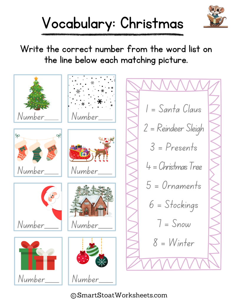 christmas vocabulary worksheet for kindergarten kids