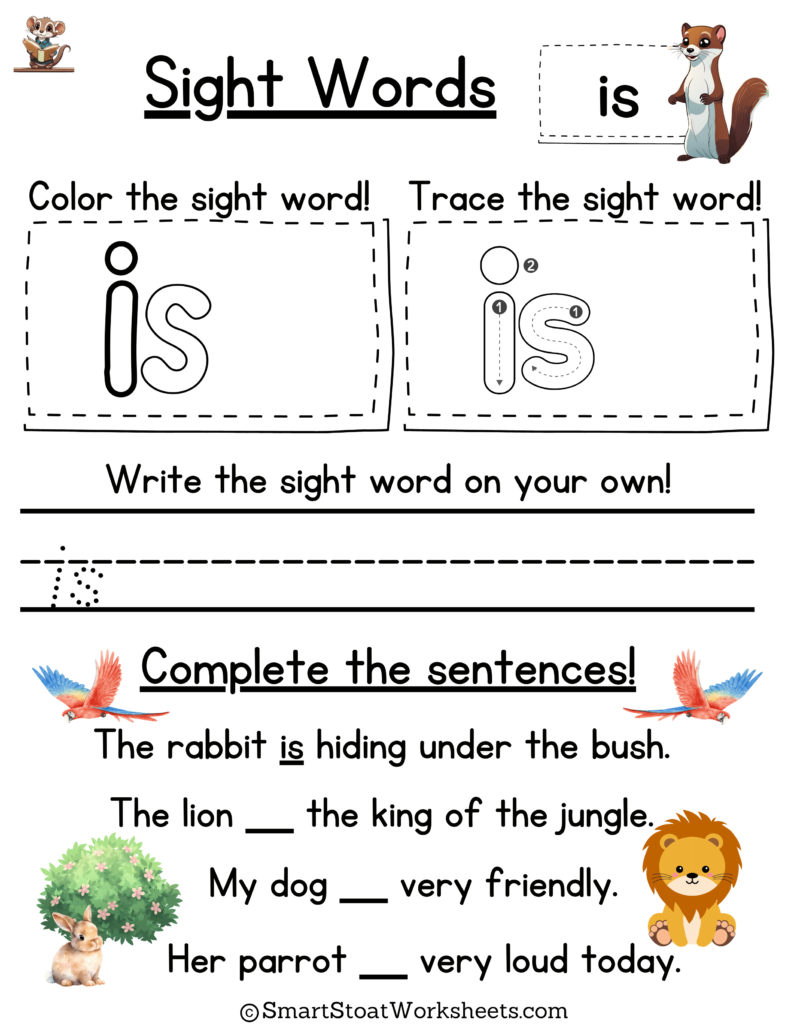 prek sight word worksheet (is)