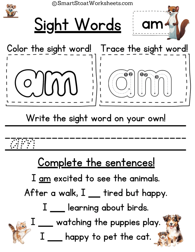 Sight Words Practice Worksheet for Kindergarten