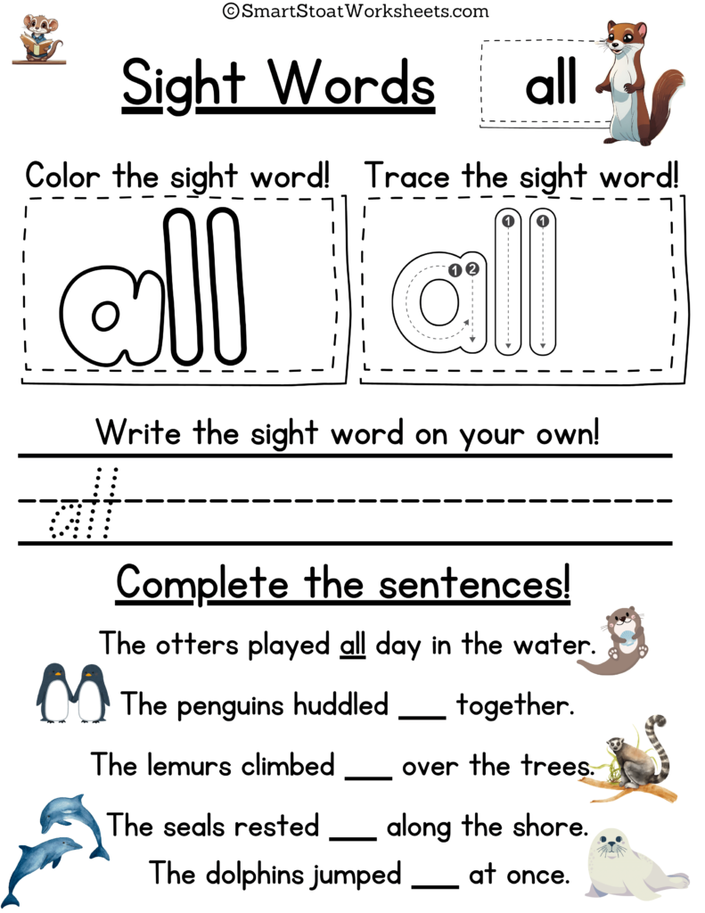 Sight Words Practice Worksheets for Kindergarten