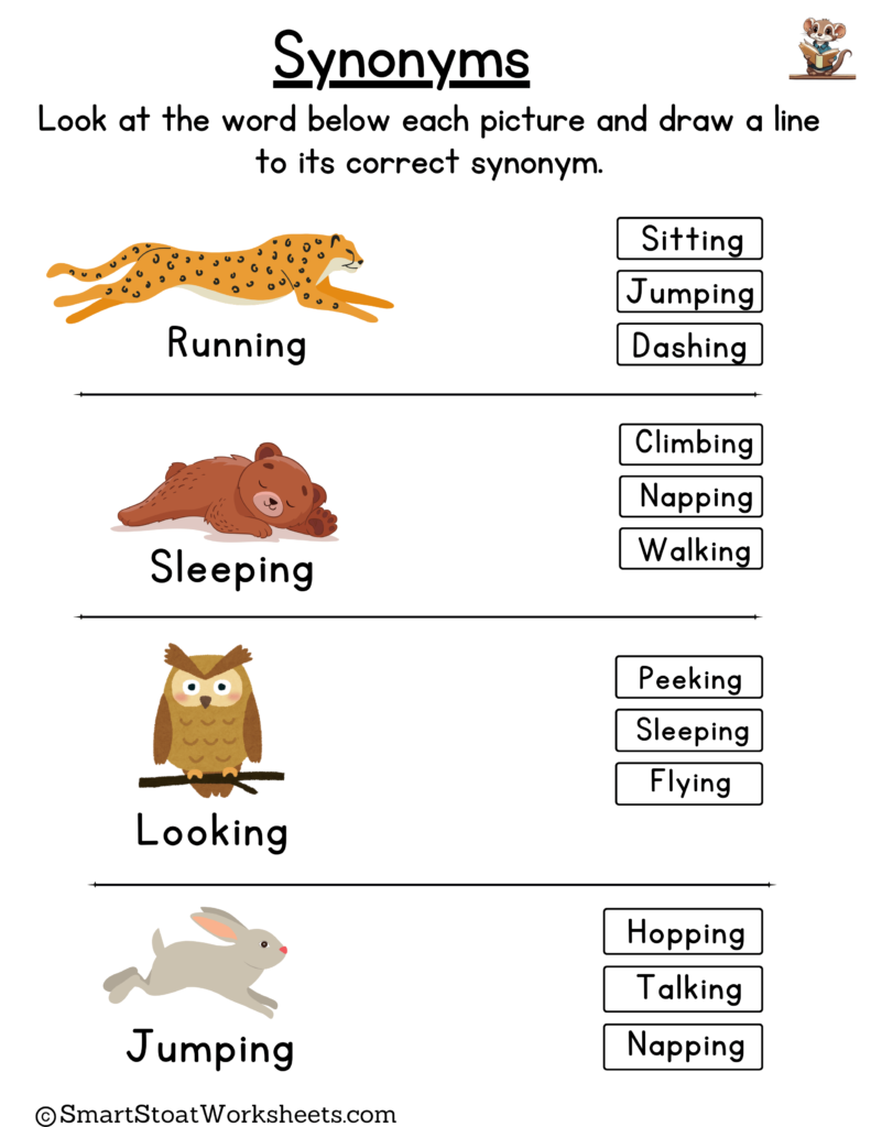 Download Synonyms Worksheets for Kindergarten Kids (PDF)