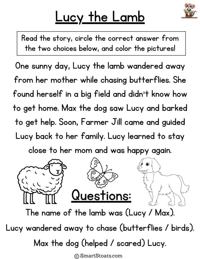 Printable short story for kindergarten children with animals to color, perfect for early readers.