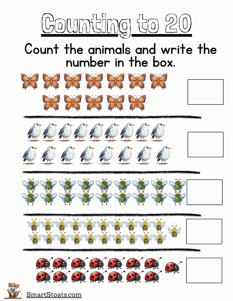 Free counting worksheets for kids featuring images of animals to count from 1 to 20, available as a downloadable PDF.