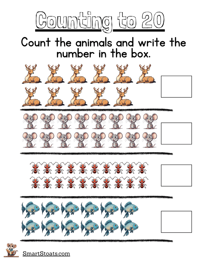 Free counting worksheets for kids featuring images of animals to count from 1 to 20, available as a downloadable PDF.