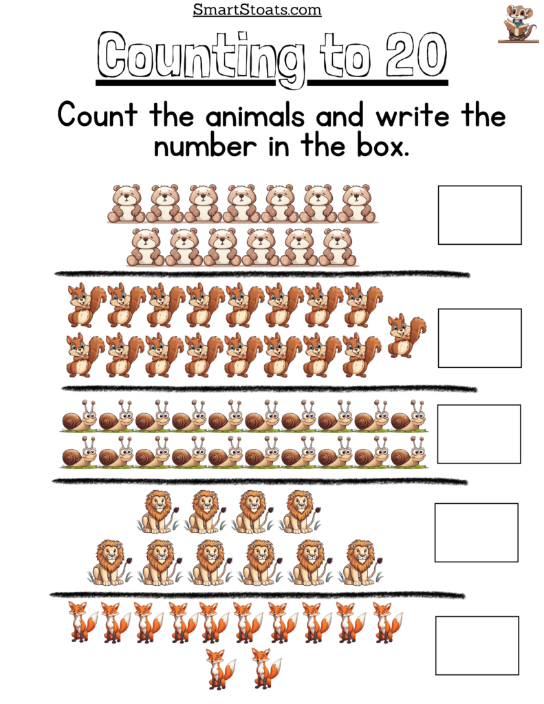 Free counting worksheets for kids featuring images of animals to count from 1 to 20, available as a downloadable PDF.