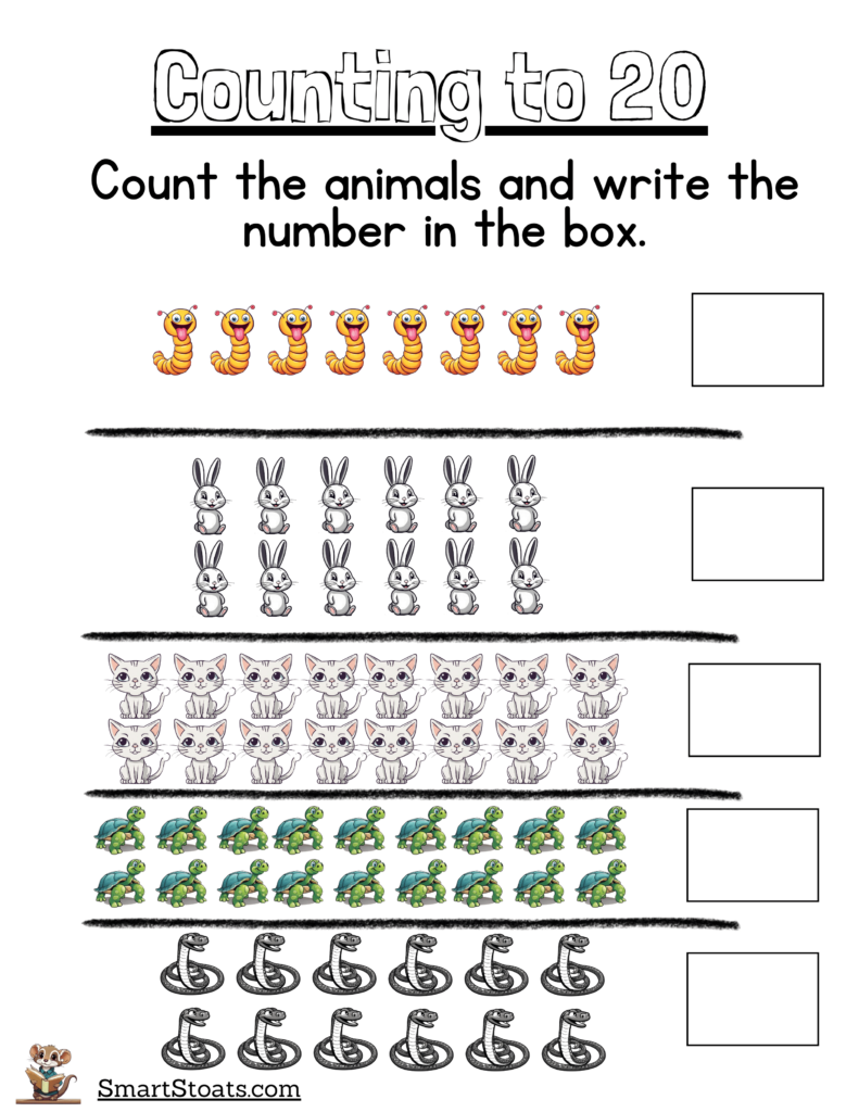 Free counting worksheets for kids featuring images of animals to count from 1 to 20, available as a downloadable PDF.