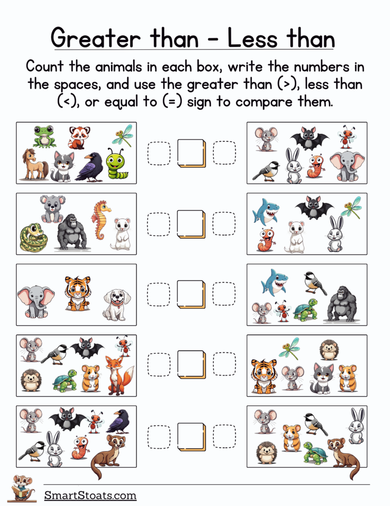 Download our Greater Than, Less Than, or Equal To Worksheet for First Graders as free PDF to help kids practice number comparisons in a fun way.