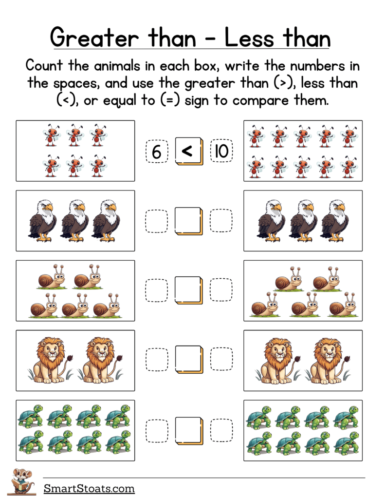 Download our Greater Than, Less Than Worksheet for First Graders as free PDF to help kids practice number comparisons in a fun way.