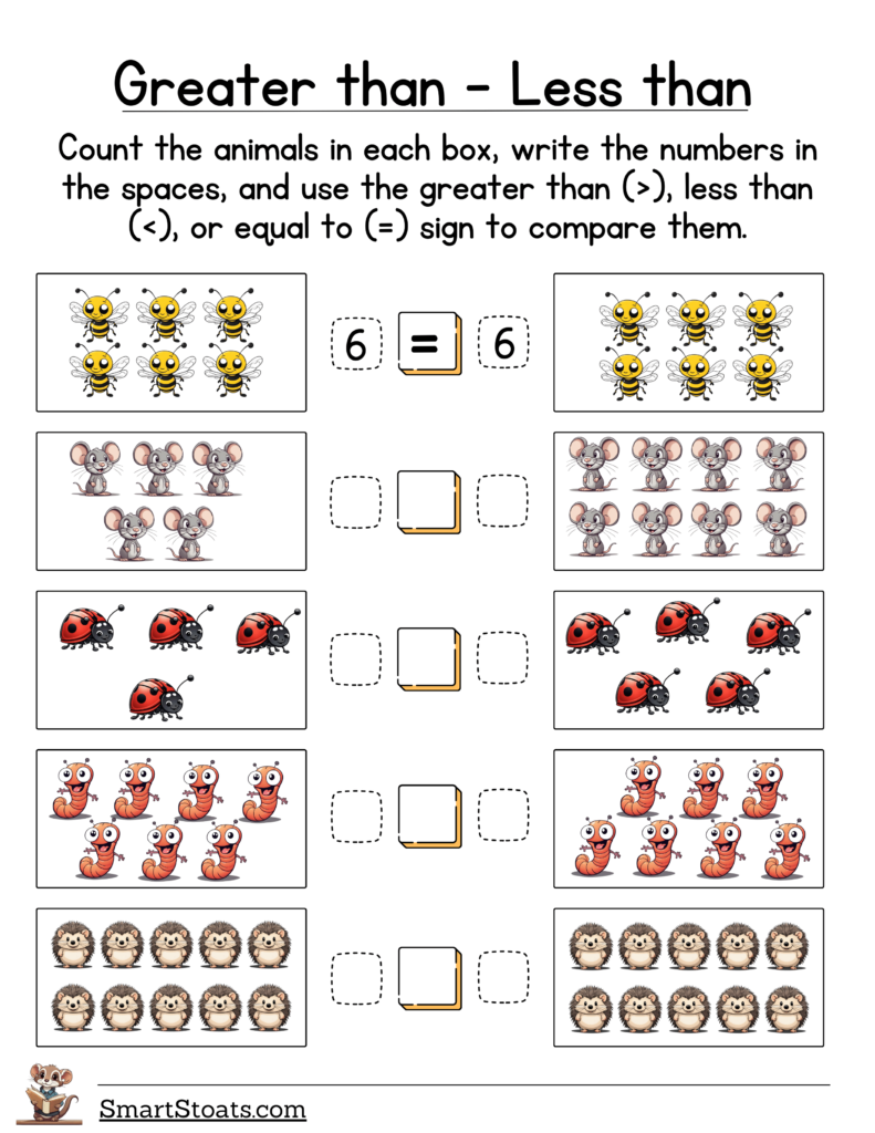 Download free PDF Greater Than, Less Than, or Equal To Worksheets for First Graders to help kids practice number comparisons in a fun way.