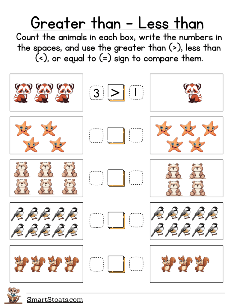 Download our Greater Than, Less Than Worksheet for First Graders as free PDF to help kids practice number comparisons in a fun way.