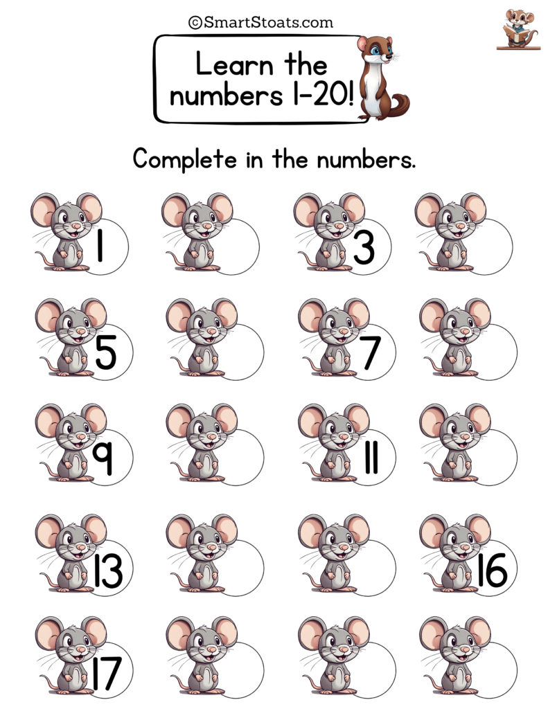 Printable Missing Numbers 1-20 worksheet for kids. Click to download a PDF for home use, perfect for building number recognition and counting skills.