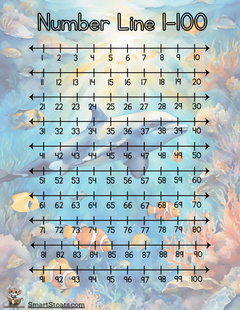 Clickable image of a free printable Number Lines to 100 worksheet with a nature-themed background, allowing easy download for teaching addition, subtraction, and number sequencing.