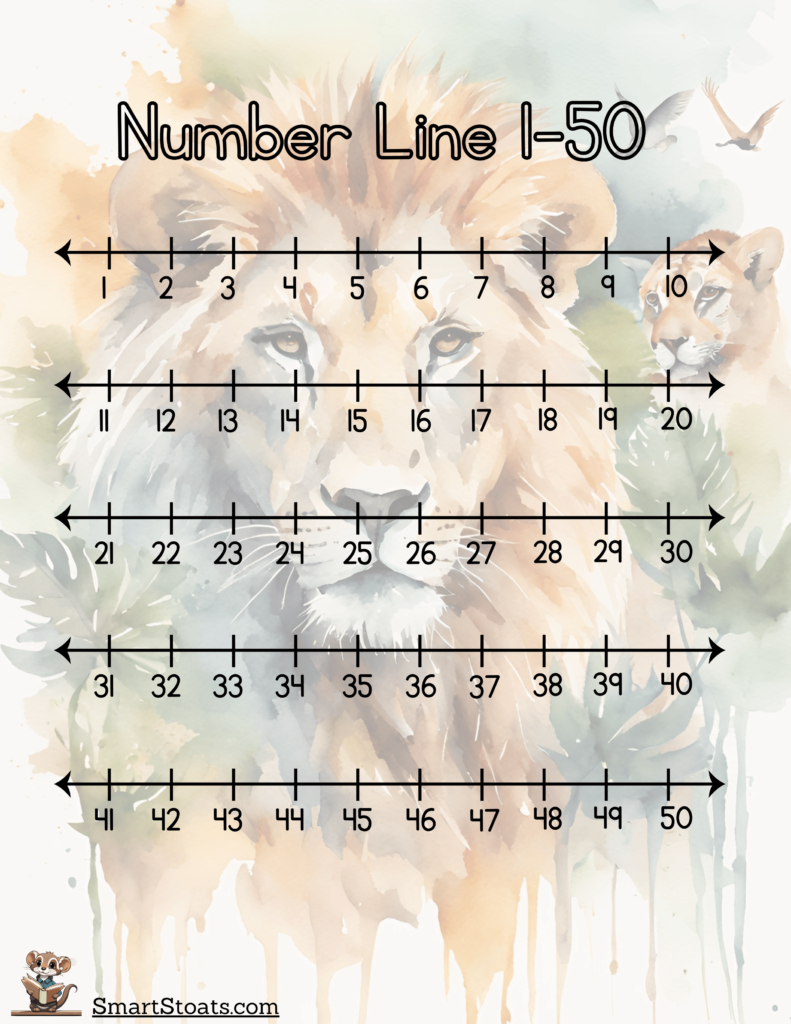 Printable Number Lines 1 to 50 worksheet, ideal for teaching math concepts like addition, subtraction, and number sequencing.