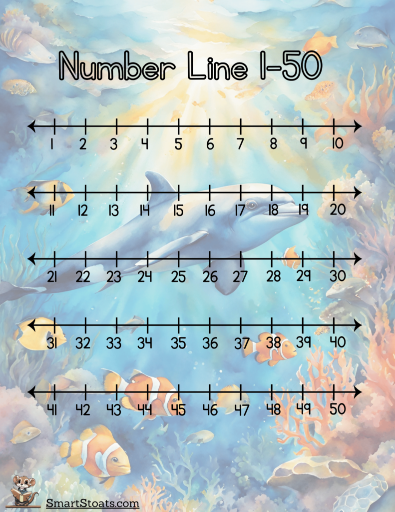 Printable Number Lines 1 to 50 worksheet, ideal for teaching math concepts like addition, subtraction, and number sequencing.