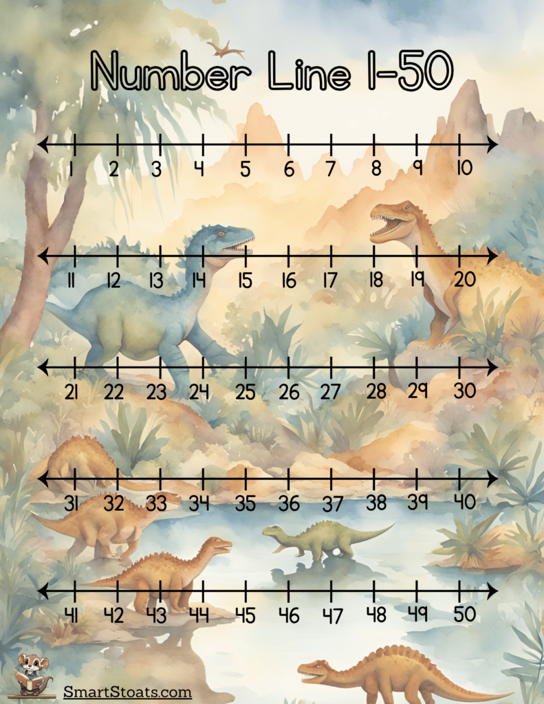 Printable Number Lines 1 to 50 worksheet, ideal for teaching math concepts like addition, subtraction, and number sequencing.