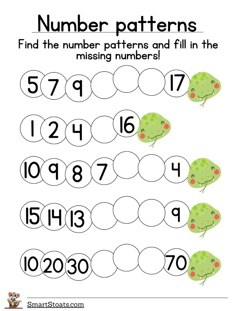 Click to download free PDF worksheets on number patterns for parents and teachers.