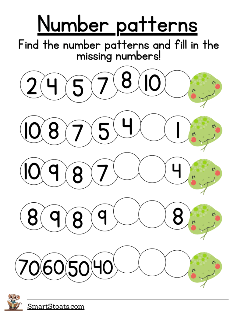 Click to download free PDF worksheets on number patterns for parents and teachers.