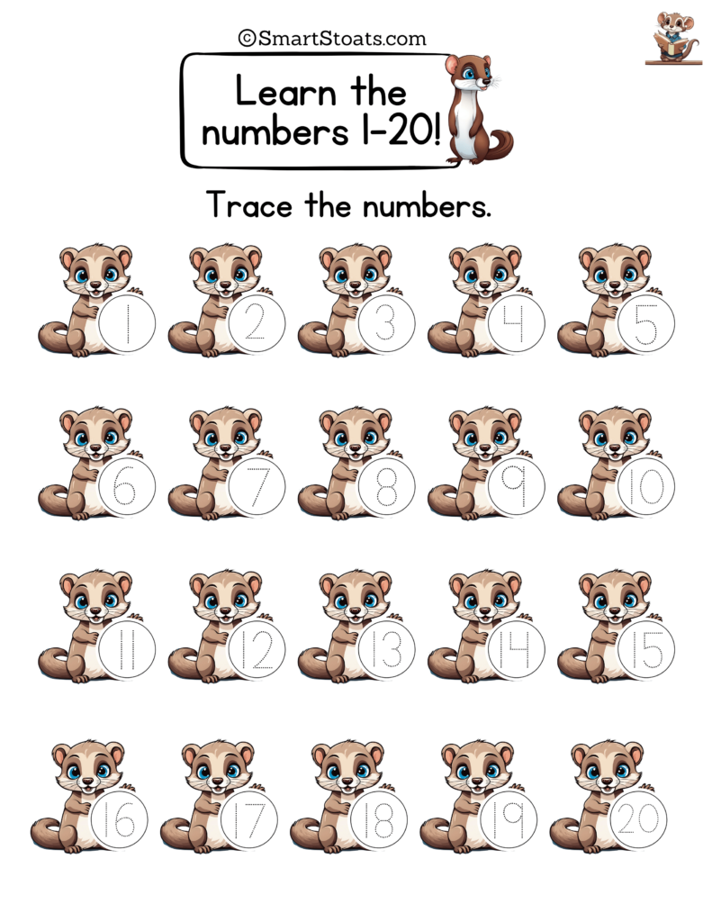 Printable Numbers 1-20 worksheet for kids. Click to download a PDF for home use, perfect for building number recognition and counting skills.