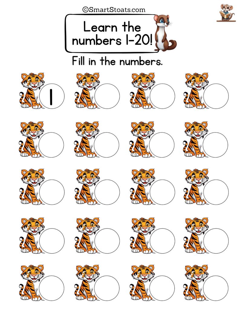 Printable Numbers 1-20 worksheet for kids. Click to download a PDF for home use, perfect for building number recognition and counting skills.