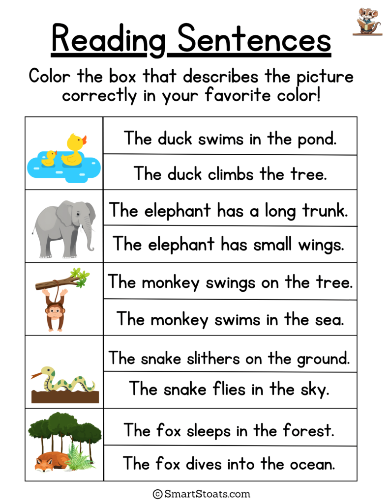 Printable PDF with reading sentences for kindergarten to help improve early reading skills.