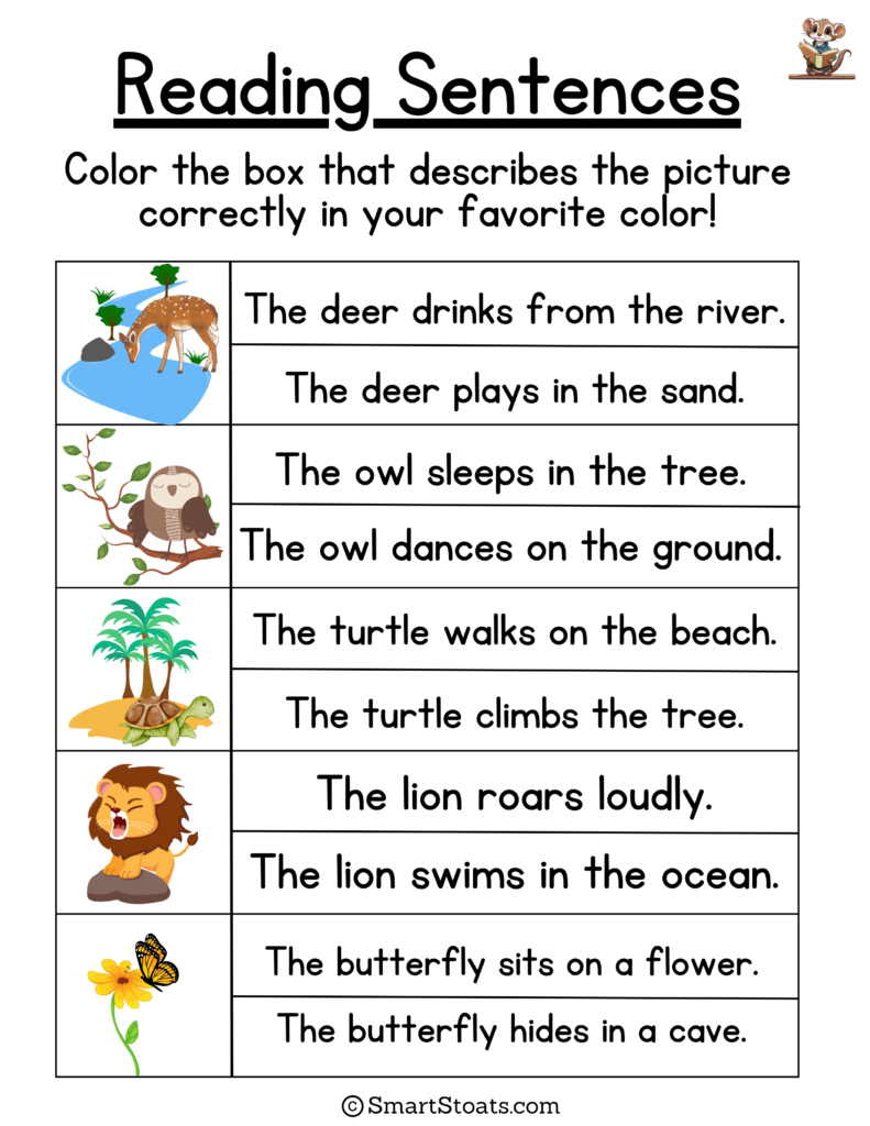 Printable PDF with reading sentences for kindergarten to help improve early reading skills.